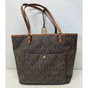 MICHAEL KORS Tote Shoulder Bag Purse Brown Logo PVC Faux Leather Large